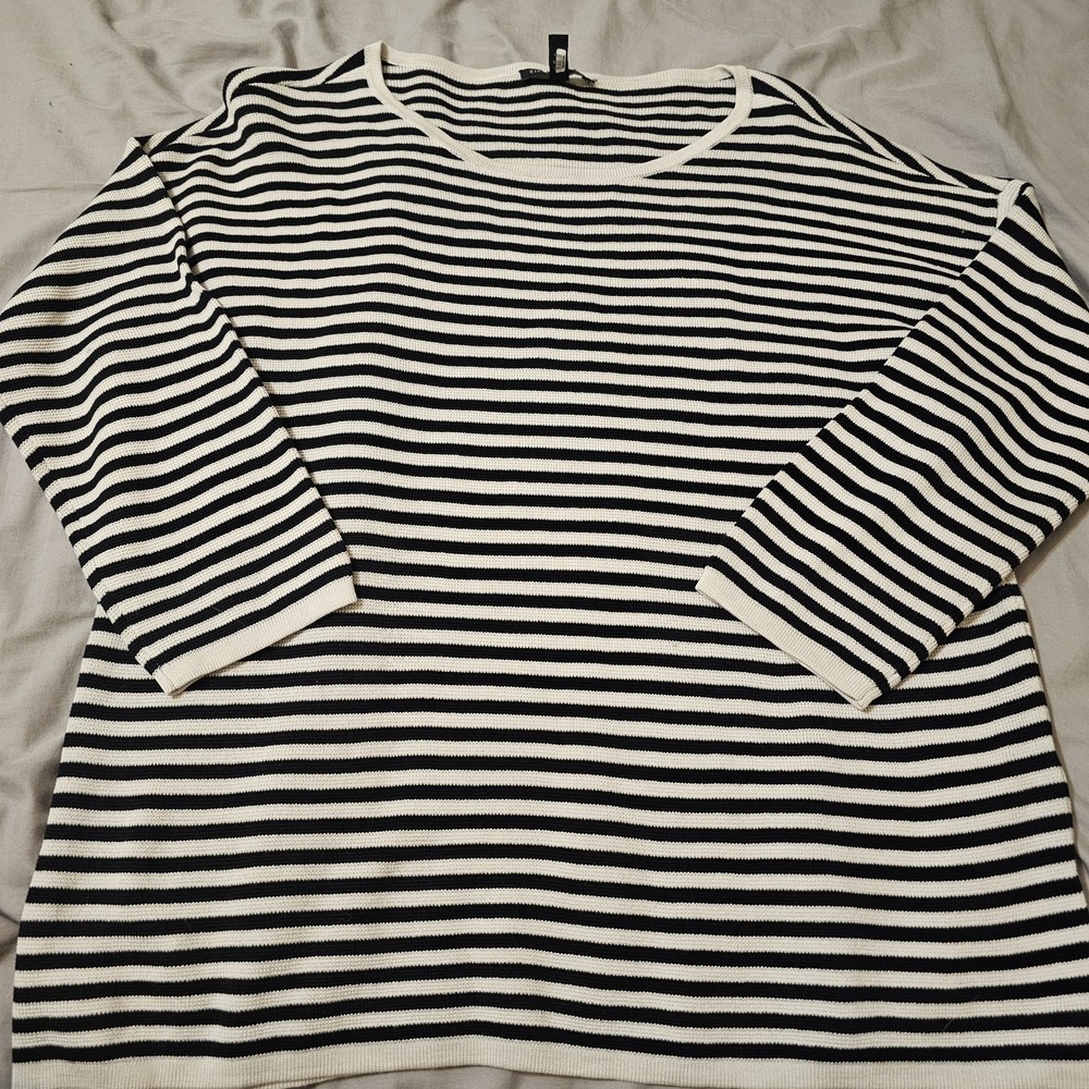 Eileen Fisher Womens Striped Sweater Silk Cotton Black White 3/4 Sleeve Medium
